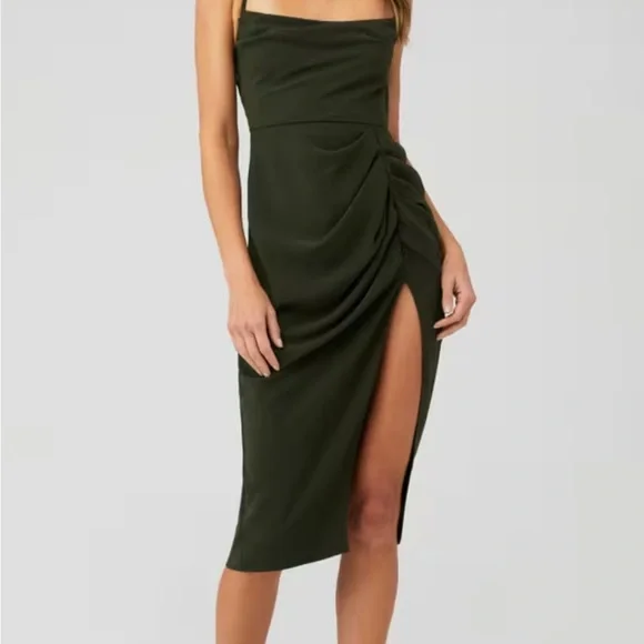 Elegant Olive Green Ruched Dress - Picture 3 of 9